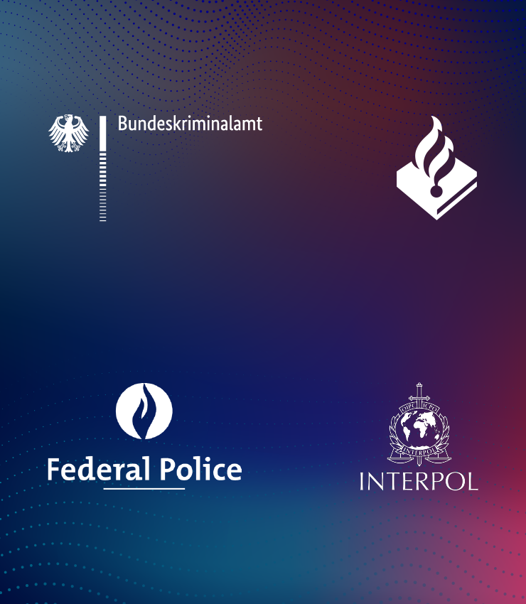 Logos von Bundeskriminalamt, Interpol, niederländische und belgische Polizei