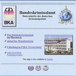 1996 Startseite des ersten BKA-Internetauftritts (verweist auf: Das BKA geht unter der Adresse www.bka.de mit einem eigenen Internetauftritt online.)