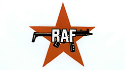 Zeichen der RAF, roter Stern mit einer Maschinenpistole und Aufschrift RAF