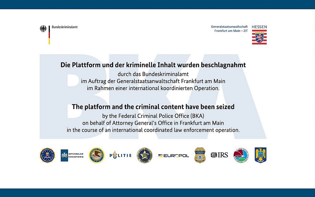 Sicherstellungsbanner für die Online-Plattform "WALL STREET MARKET" mit dem Text "Die Plattform und der kriminelle Inhalt wurden beschlagnahmt"